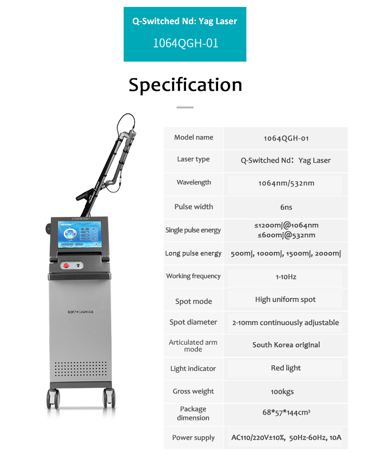 1064nm Q-Switched ND:YAG lāzers, lāzera tetovējumu noņemšanas iekārta, pigmentu bojājumu noņemšanas iekārta, 1064QGH01