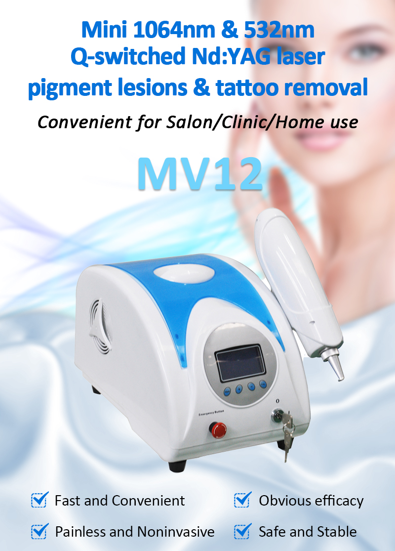 MV12 Mini Q-Switched Nd:YAG Láser Lesiones pigmentarias y eliminación de tatuajes Rejuvenecimiento de la piel Máquina de salón de belleza