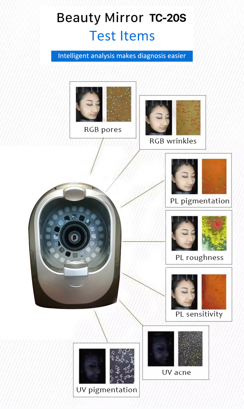 El analizador de cuidado de la piel con espejo mágico facial de seis espectros TC20s analiza las condiciones de la piel del rostro