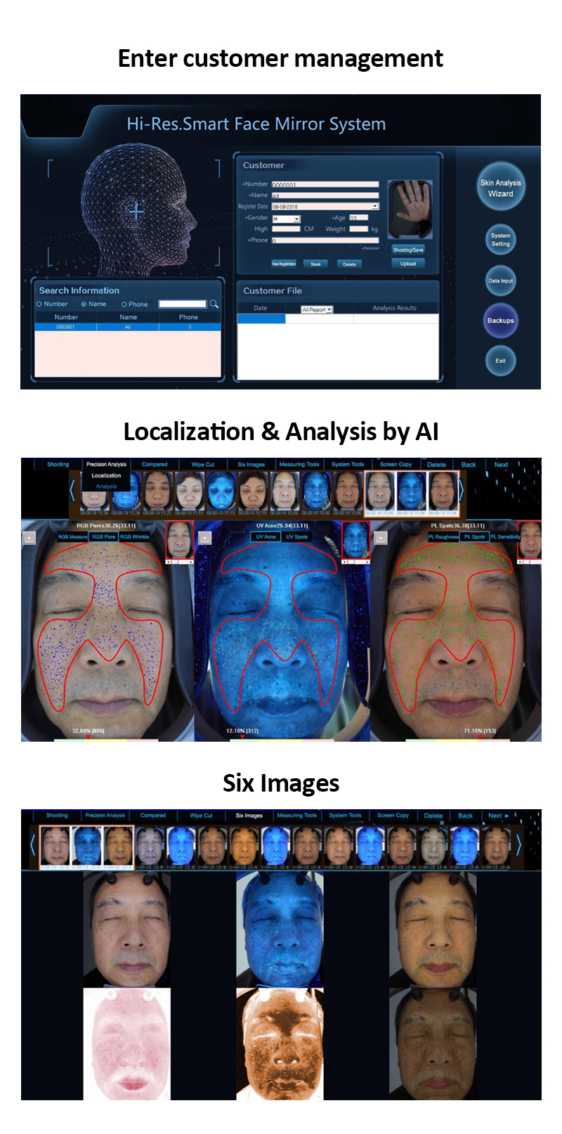 El analizador de cuidado de la piel con espejo mágico facial de seis espectros TC20s analiza las condiciones de la piel del rostro