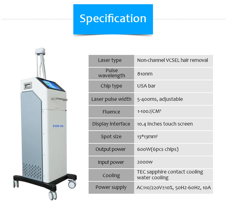 Máquina de depilación láser con emisión de superficie de cavidad vertical sin canal 810D04 (VCSEL)