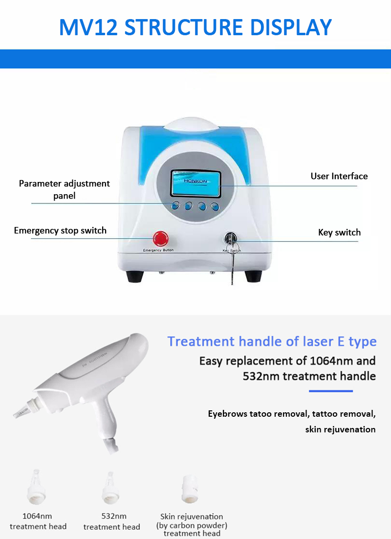 MV12 Mini Q-Switched Nd:YAG Láser Lesiones pigmentarias y eliminación de tatuajes Rejuvenecimiento de la piel Máquina de salón de belleza