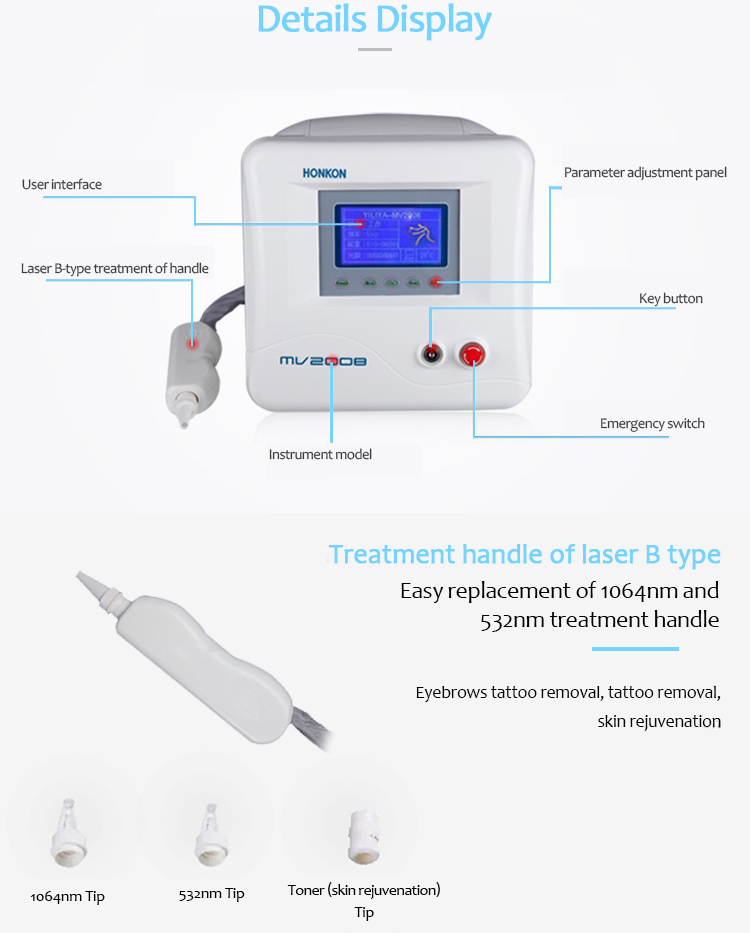 MV2008 портативті Q-Switched Nd:YAG лазерлік пигмент зақымдануы және татуировканы кетіруге арналған сұлулық салоны машинасы