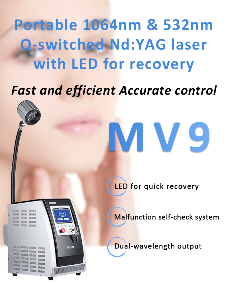 1064 nm Q-Switched ND:YAG lāzers, lāzera tetovējumu noņemšanas iekārta, pigmentu bojājumu noņemšanas iekārta, MV9